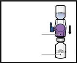 Fiala trasparente con liquido sopra una siringa viola, freccia nera indica la direzione verso il basso e linea che mostra il collegamento