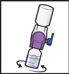 Dispositivo medico con serbatoio trasparente e parte viola, con frecce curve che indicano la rotazione e un