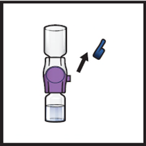 Dispositivo autoiniettante viola con due componenti bianchi e freccia nera che indica l