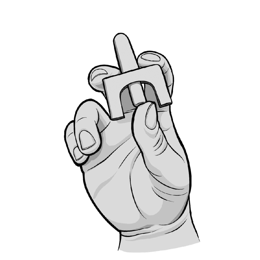 Mano che tiene un dispositivo medico bianco a forma di U con due dita piegate e pollice rivolto verso l