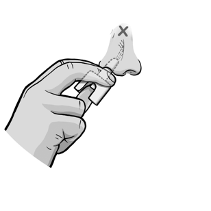 Mano che stringe un tampone nasale di cotone con una croce sopra indicando la corretta posizione di inserimento