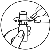 Mano che ruota un cappuccio su una fiala medicinale, con freccia che indica la direzione di rotazione e dita che tengono la fiala