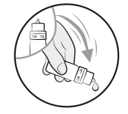 Mano che afferra un dispositivo autoiniettante con freccia curva che indica la direzione di utilizzo