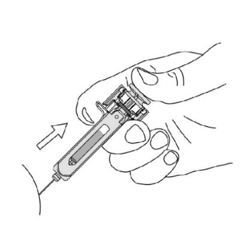 Mano che tiene una penna iniettabile con ago esposto e freccia che indica la direzione di iniezione sottocutanea