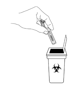 Mano che getta una siringa usata in un contenitore per rifiuti biologici con simbolo di biohazard nero