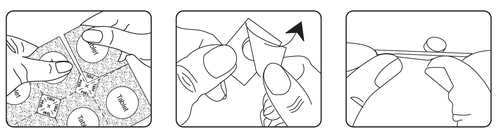 Tre pannelli mostrano una mano che pizzica la pelle, inserisce un ago e poi rimuove un cerotto trasparente