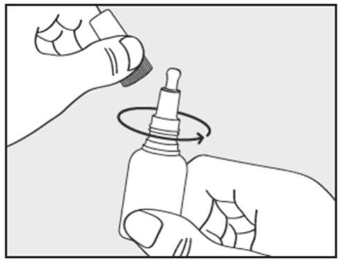 Mano che svita il cappuccio bianco di un flaconcino di vetro trasparente con freccia direzionale indicante il movimento