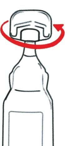 Fiala medicinale con tappo di sicurezza grigio e freccia rossa che indica la direzione di rotazione per l