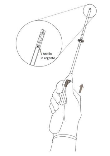 Mano che tiene un dispositivo di iniezione con ago visibile e anello argentato, freccia indica direzione di utilizzo