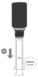 Fiala di vetro trasparente con stantuffo nero e indicazione di volume 2,5 ml con freccia rivolta verso il basso