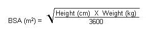 Formula per calcolare la BSA con altezza in centimetri e peso in chilogrammi diviso 3600