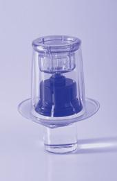 Dispositivo medico trasparente con componenti blu e neri a forma di cilindro e base circolare