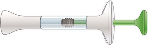 Dispositivo autoiniettante con corpo bianco e parte verde, contenente una cartuccia trasparente con farmaco liquido all