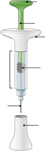 Dispositivo autoiniettante con stantuffo verde, corpo bianco e ago nero, con indicazioni puntate e cappuccio protettivo