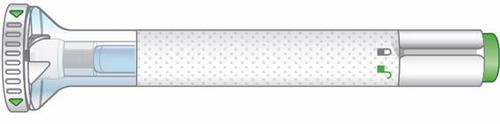 Penna iniettabile precompilata bianca e verde con indicatore di dose e punta blu trasparente