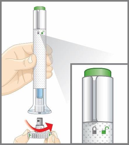Penna per iniezione con meccanismo di dosaggio visibile e blocco di sicurezza sbloccato da una mano che ruota il selettore inferiore