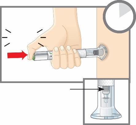 Mano che tiene un dispositivo per iniezione con ago, freccia rossa indica la pressione e dettaglio ingrandito mostra l