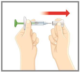 Mano che tiene una siringa preriempita con ago protetto e un dispositivo di sicurezza grigio pronto per essere attivato con freccia rossa