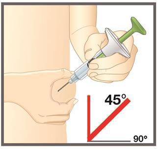 Mano che tiene una siringa con ago inserito nel gluteo ad angolo di 45 gradi indicato da una linea rossa e numeri