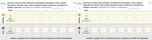 Calendario settimanale con indicazioni per la somministrazione di farmaci compressi da 200 microgrammi e 800 microgrammi con simboli solari e lunari
