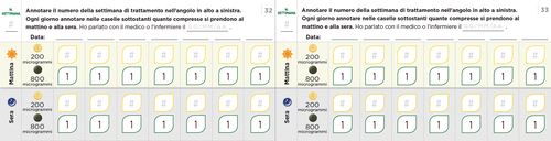 Calendario settimanale per il monitoraggio dei sintomi con spazi per annotare data e farmaco assunto mattina e sera