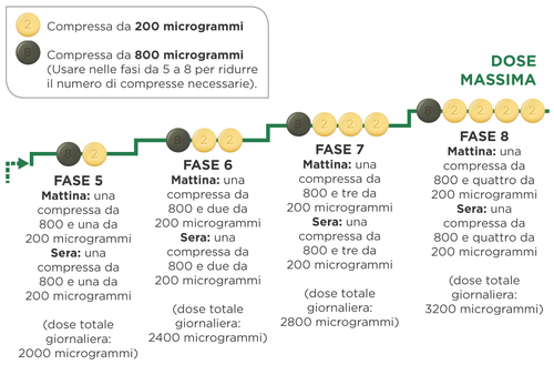 Schema posologico con frecce verdi e gialle che indicano fasi di trattamento e dosaggi crescenti di compresse da 200 e 800 mcg