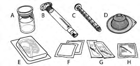 Fiala, siringa, ago, filtro e tamponi disinfettanti su confezioni e supporto protettivo