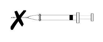 Siringa con ago evidenziato da una croce rossa spessa su sfondo bianco indicando un divieto o un