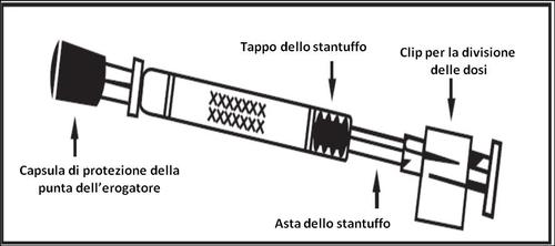 Penna precompilata con stantuffo visibile, tappo protettivo, clip per la divisione delle dosi e asta dello stantuffo
