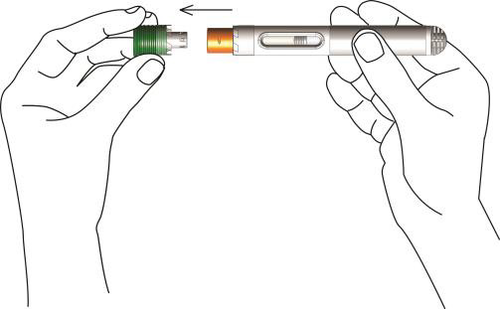 Mani che assemblano un dispositivo penna per iniezione con ago arancione e parte verde avvitabile