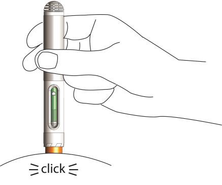 Penna per iniezione con indicatore verde, tenuta in mano pronta per l