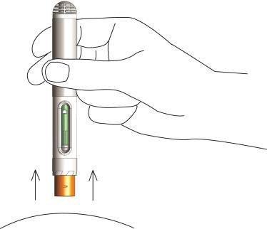 Penna iniettabile tenuta in mano con indicatore di dose visibile e frecce che puntano verso l