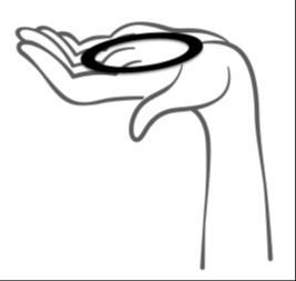 Mano aperta con un cerchio nero che ne evidenzia il palmo e le dita leggermente incurvate