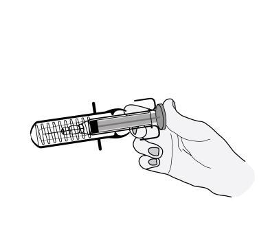 Mano che impugna una siringa preriempita con stantuffo visibile e protezione dell