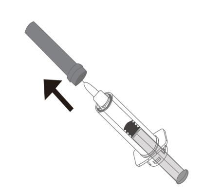 Siringa trasparente con ago e cappuccio di protezione nero, freccia che indica la direzione di inserimento dell