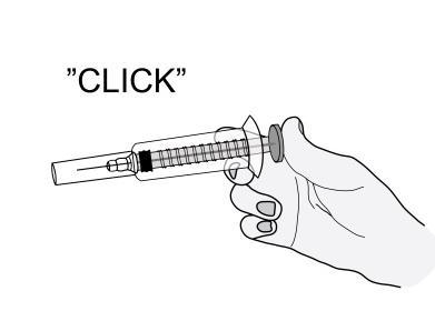 Mano che impugna una siringa preriempita trasparente con ago esposto e pistone premuto