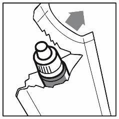 Ago fissato al dispositivo di iniezione con freccia grigia che indica la direzione di inserimento