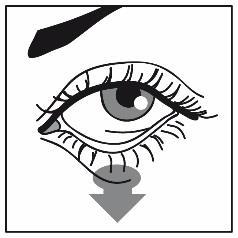 Occhio umano con palpebra superiore e ciglia lunghe, freccia grigia rivolta verso il basso sotto l