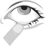 Occhio umano con una goccia di liquido applicata sulla superficie oculare tramite un applicatore bianco