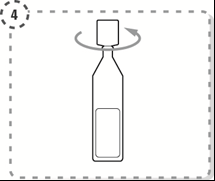 Fiala di vetro con tappo e freccia curva che indica il movimento di rotazione per l