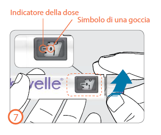 Dispositivo medico Velle&reg; tenuto in mano con freccia blu che indica l