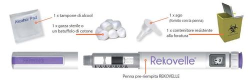 Tamponi di alcol, garza sterile, cotone, ago, contenitore per rifiuti speciali e penna Rekovelle pre-riempita disposti in fila orizzontale