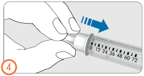 Mano che tiene una siringa graduata con numeri e una freccia blu indica la direzione di iniezione