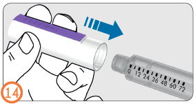 Mano che afferra il dispositivo iniettore con scala graduata e spinge il cappuccio protettivo blu verso la siringa graduata
