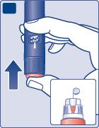 Penna iniettabile blu tenuta in mano con freccia rivolta verso l