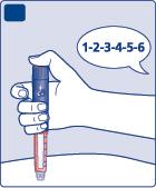 Mano che tiene un dispositivo per iniezione con numeri in un fumetto e ago rivolto verso il basso