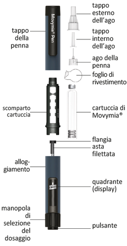Penna per insulina Movymia® smontata con componenti etichettati: tappo, ago, cartuccia, flangia, asta filettata e quadrante di dosaggio
