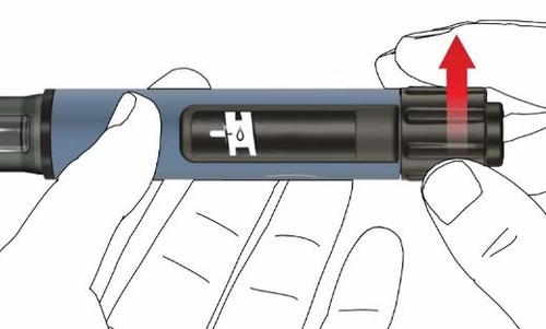 Penna iniettabile blu con indicatore di dose e freccia rossa che indica la direzione di rotazione del selettore di dose