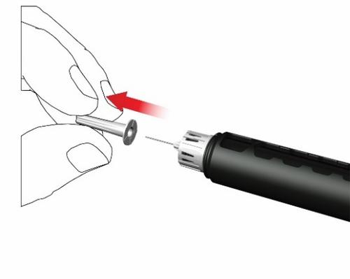 Penna iniettabile con ago protetto da cappuccio nero e freccia rossa che indica la direzione di rimozione