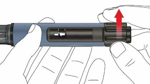 Penna iniettabile blu con indicatore di dose e freccia rossa che mostra la direzione di rotazione